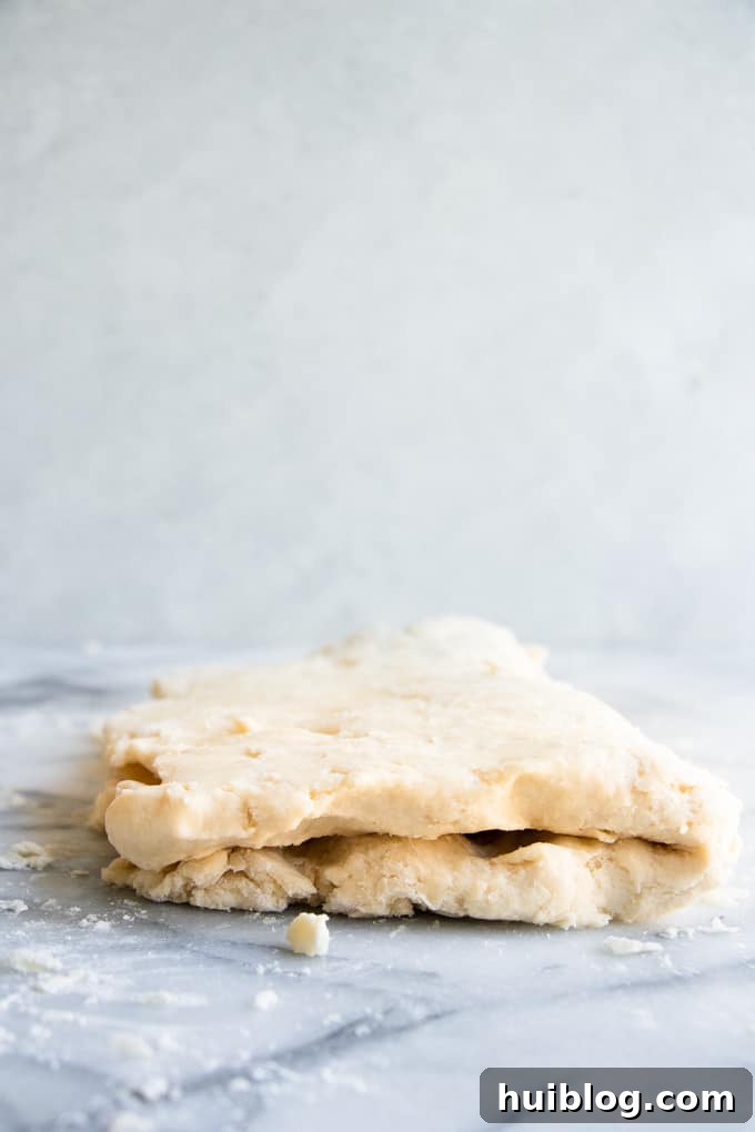 Fluffy Southern Biscuits from Scratch 7 Hands carefully folding homemade biscuit dough over itself, demonstrating the crucial layering technique for achieving flaky southern biscuits.