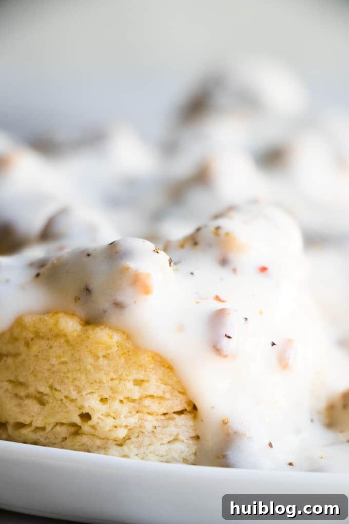 Sausage gravy dripping over the side of a biscuit.