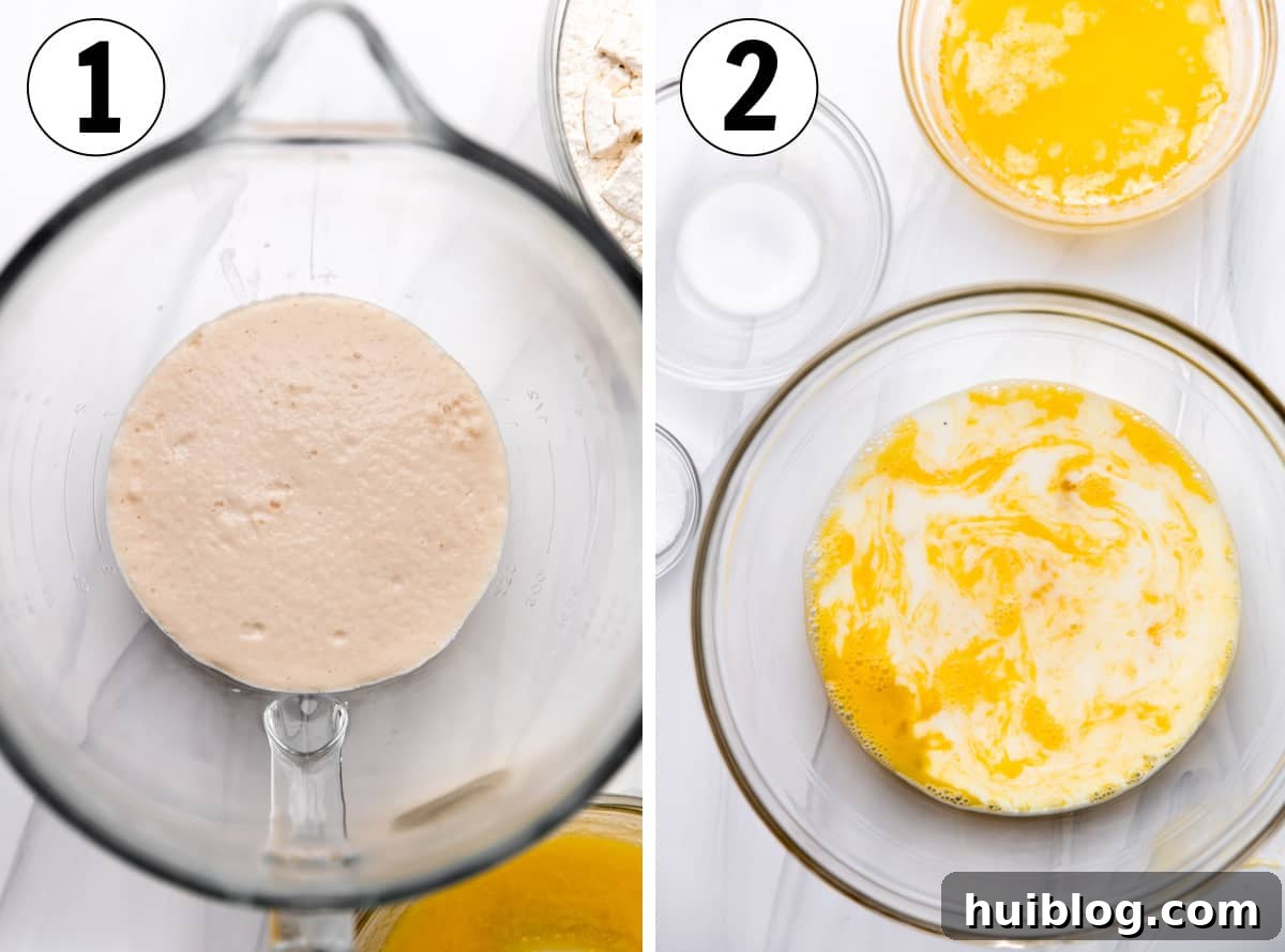 Texas Klobasnek Sausage Kolaches 4 Steps for making sausage kolaches, showing bloomed yeast, combining melted butter with eggs and milk, and then mixing the dough in a stand mixer.