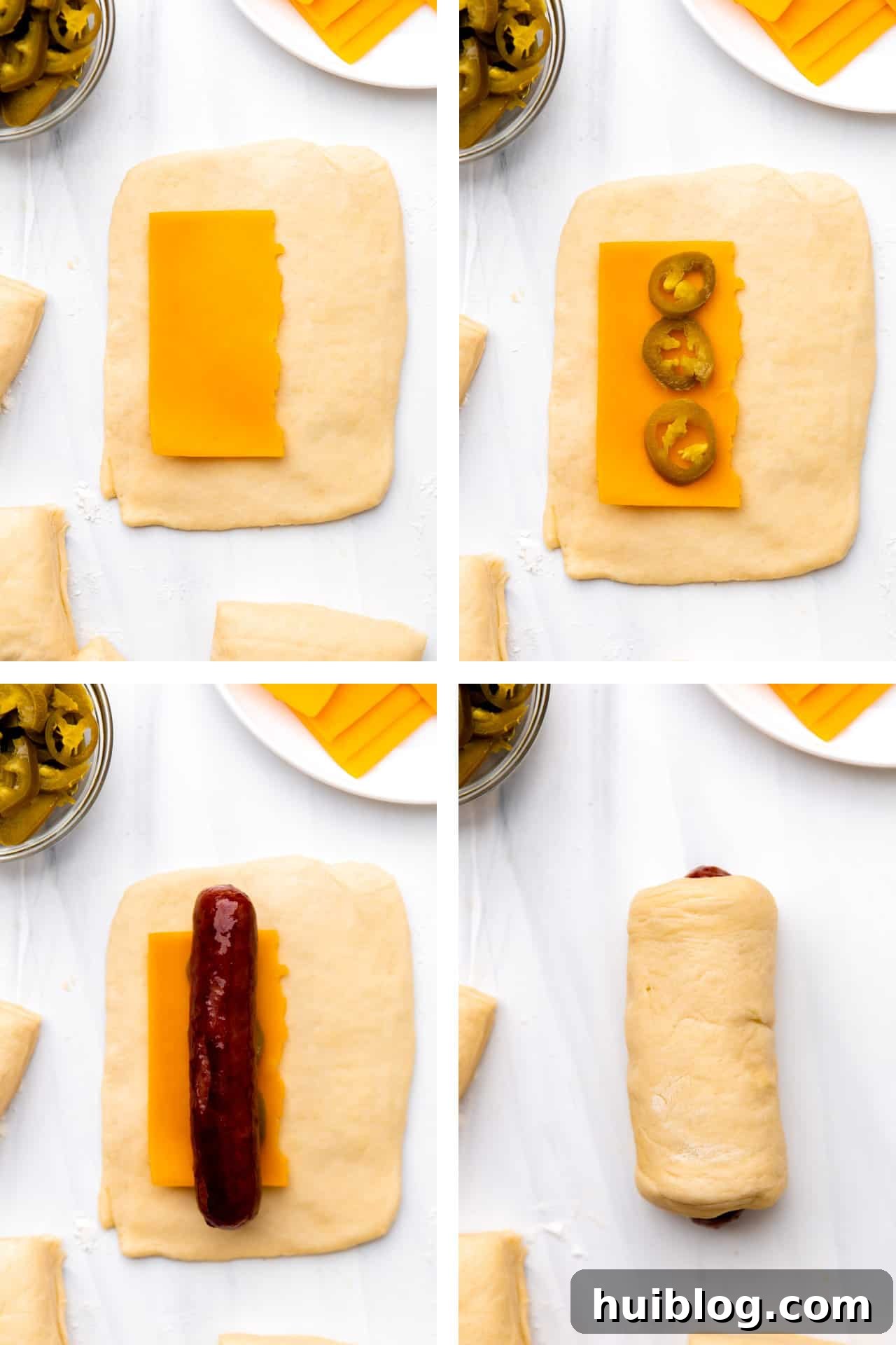 Texas Klobasnek Sausage Kolaches 8 Steps for making sausage kolaches, showing dough rolled out, topped with cheese, jalapeños, and sausage, then carefully rolled up and sealed.