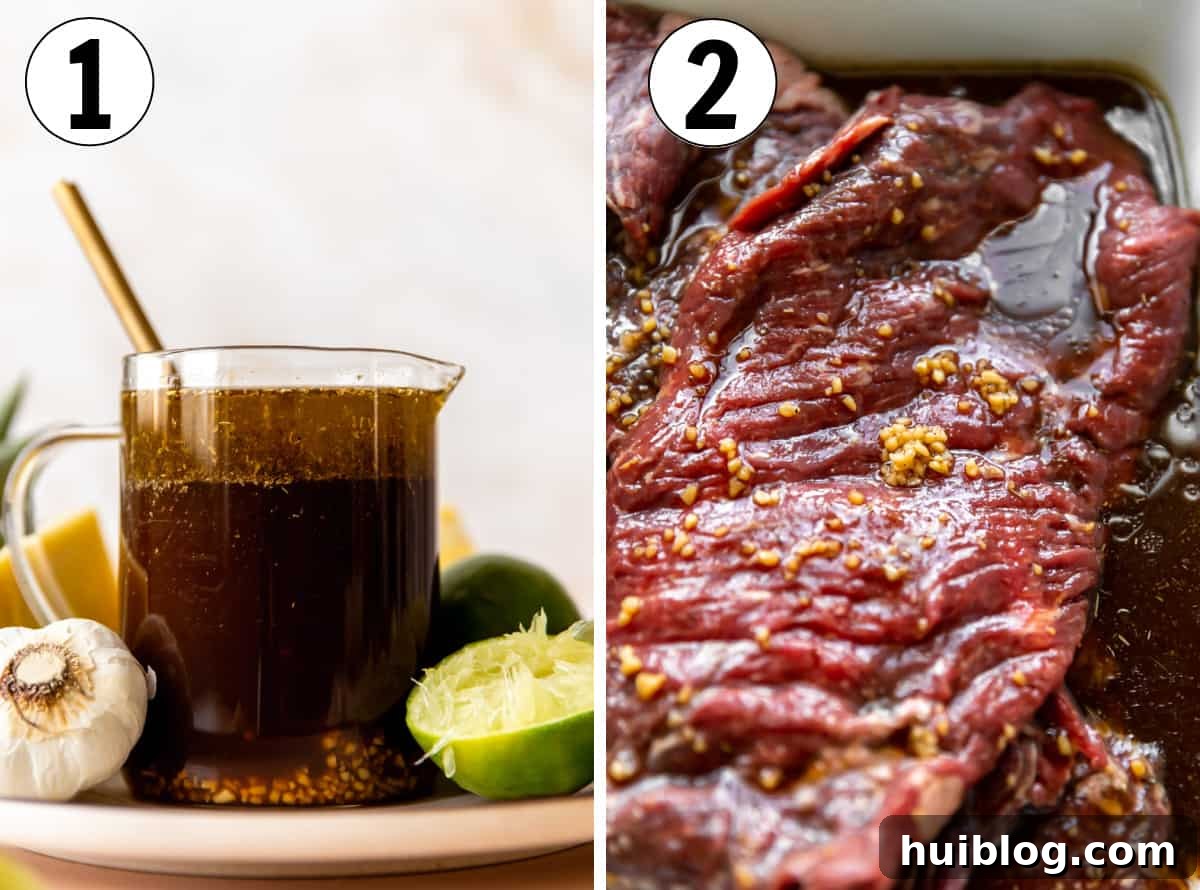 Collage images showing homemade fajita marinade being prepared, followed by flank steak being marinated in a large dish.