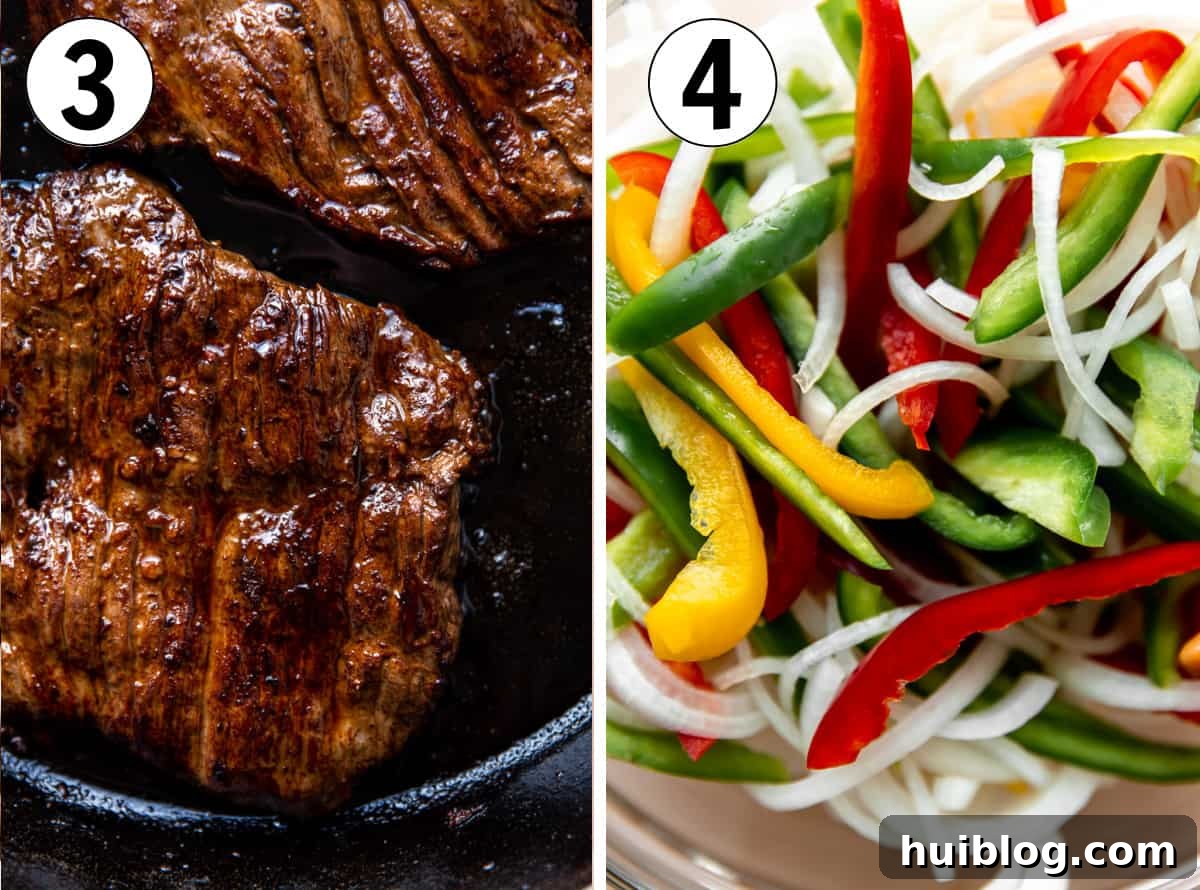 Collage showing grilled skirt steak and perfectly sliced vegetables for fajitas, ready to be combined.