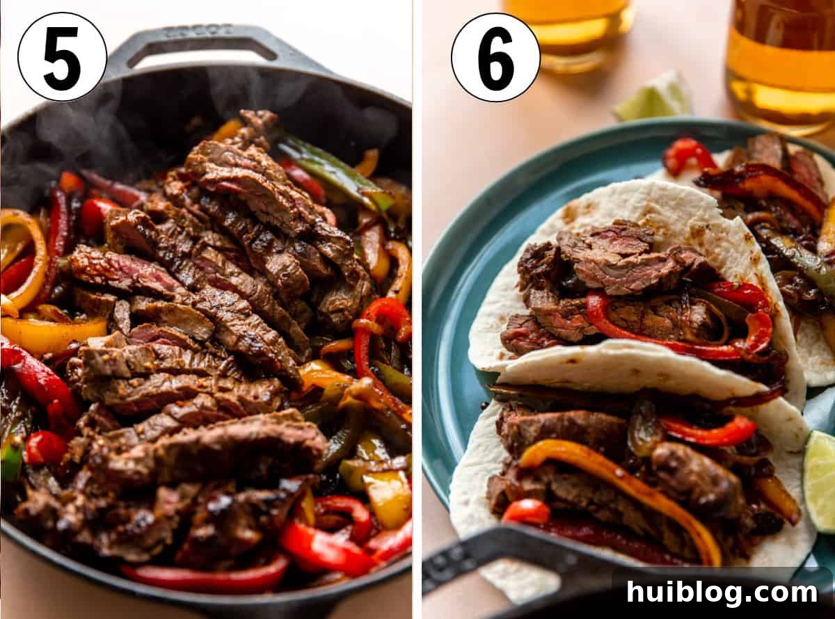 Steak meat thinly sliced in a cast iron skillet, ready to be served, with fajitas plated on flour tortillas in the background.