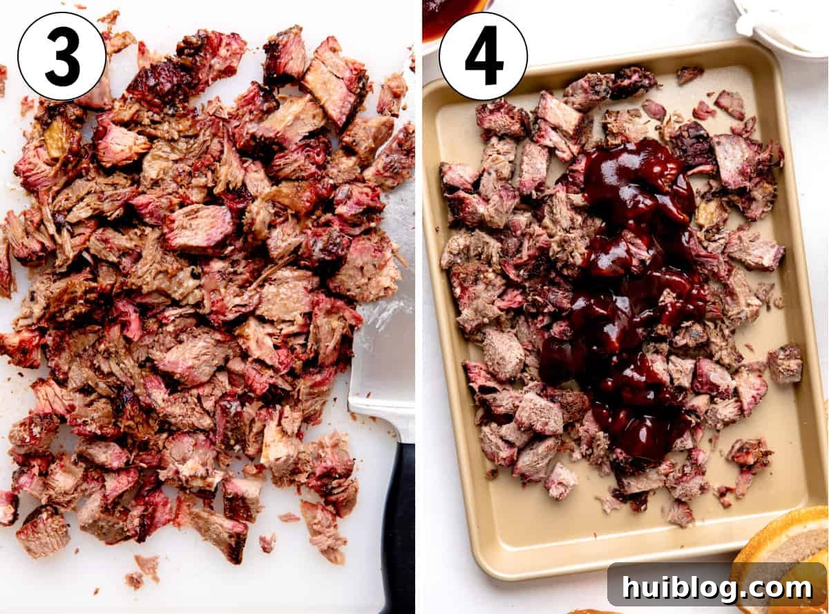 Pulled Pork BBQ Sandwiches 5 A visual guide on how to make Chopped beef sandwiches, showing the process of chopping smoked beef and thoroughly coating it with rich BBQ sauce.