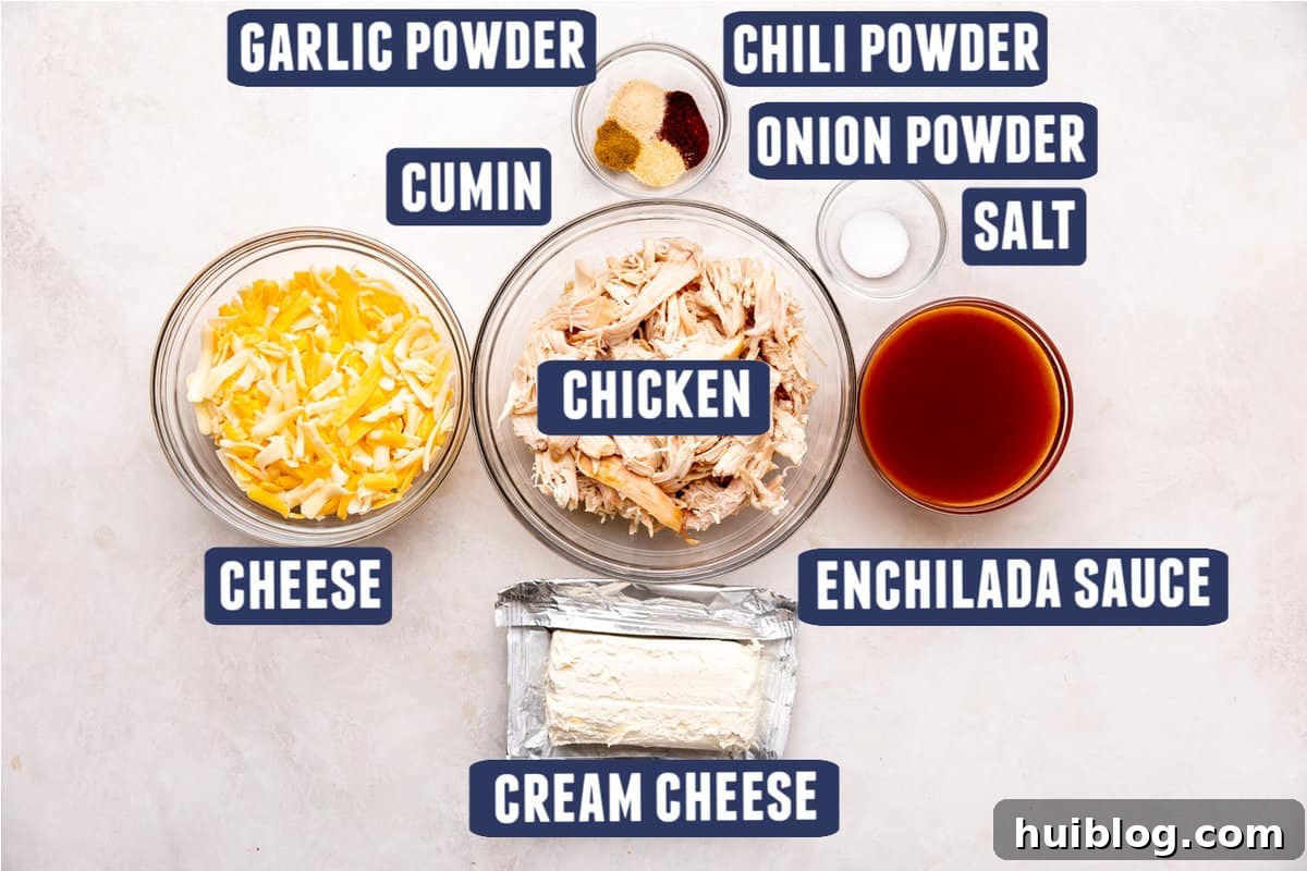 Loaded Cheesy Chicken Enchilada Dip 3 Ingredients for chicken enchilada dip laid on the counter: chicken, cheese, enchilada sauce, chili powder, onion powder, cumin, garlic powder, salt, and cream cheese.