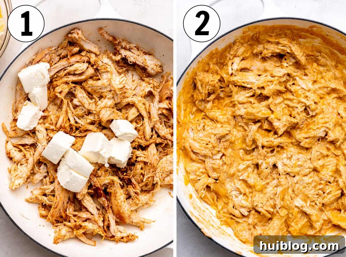 Loaded Cheesy Chicken Enchilada Dip 4 Steps of how to make chicken enchilada dip. Step 1 showing adding seasoned chicken and cream cheese in a skillet. Step 2 showing enchilada sauce and shredded cheese added to skillet.