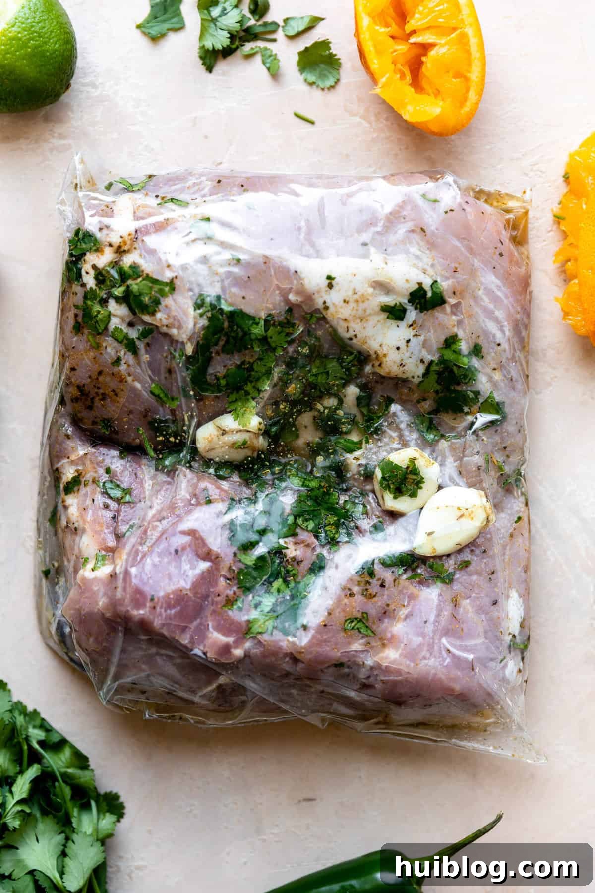 Pork shoulder pieces soaking in a flavorful carnitas marinade inside a large sealable bag, ready for refrigeration.