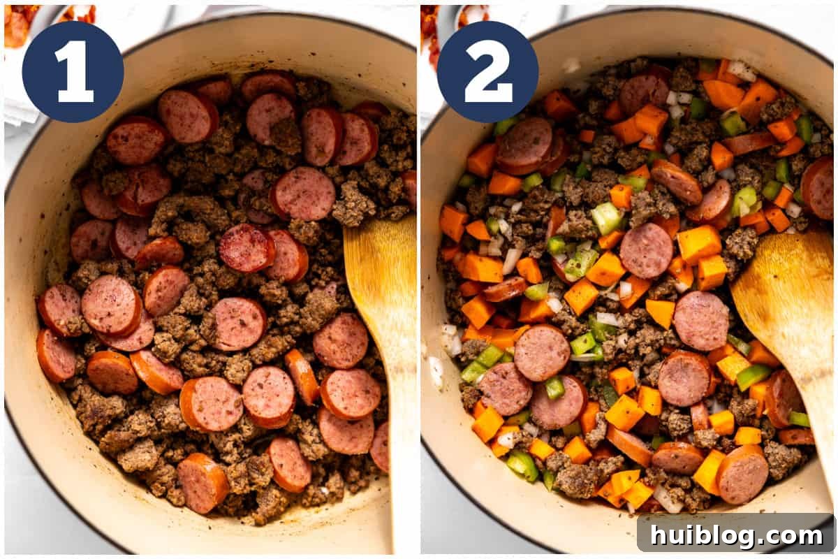 Chuck Wagon Comfort Stew 5 Ground beef and sausage being cooked in a Dutch oven, then vegetables being added to make stew.