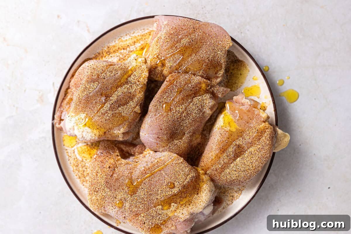 BBQ Chicken Salad Delights 7 Boneless chicken thighs evenly coated with a homemade seasoning blend and drizzled with cooking oil, meticulously prepared and ready for grilling.