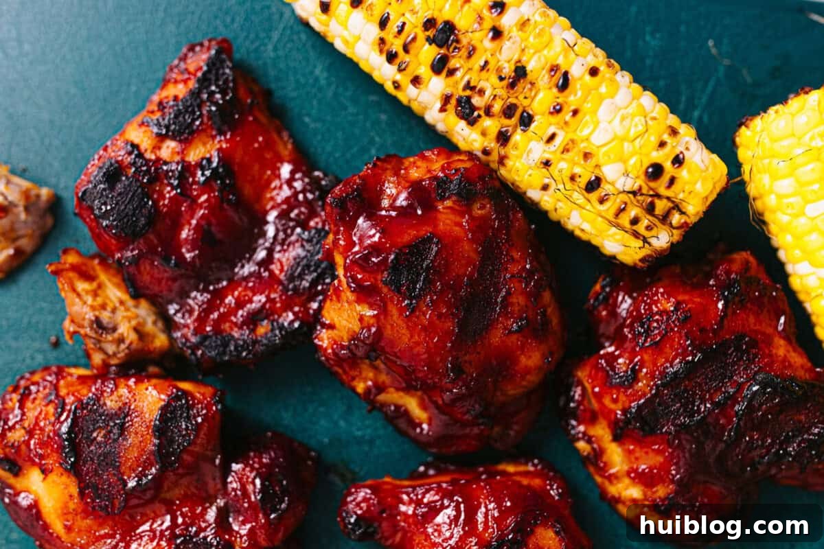 BBQ Chicken Salad Delights 8 Perfectly grilled BBQ chicken and beautifully charred corn cobs resting on a rustic wooden cutting board, ready for slicing and assembly into a fresh salad.