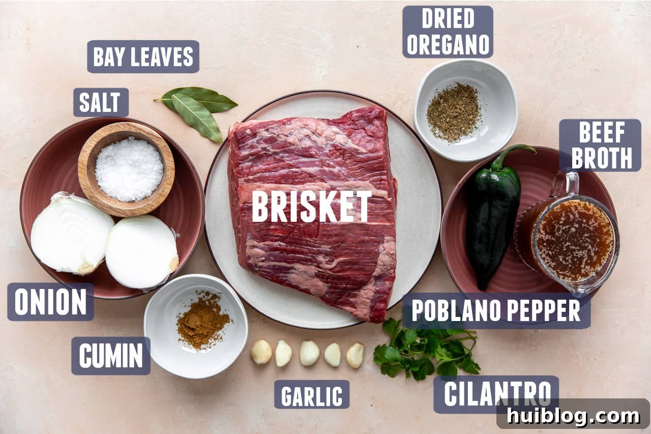 Fall-Apart Slow Cooker Brisket Tacos 3 Ingredients needed for making brisket tacos laid out on counter.