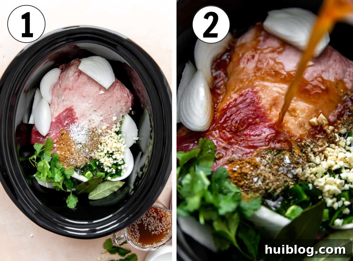 Fall-Apart Slow Cooker Brisket Tacos 4 Step by step how to make slow cooked brisket for tacos. Showing ingredients added to a slow cooker then beef broth being poured over top.