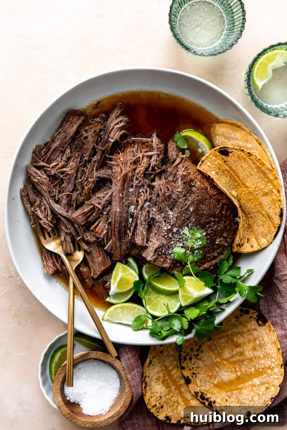 Fall-Apart Slow Cooker Brisket Tacos 5 Bowl of shredded Mexican brisket for tacos.