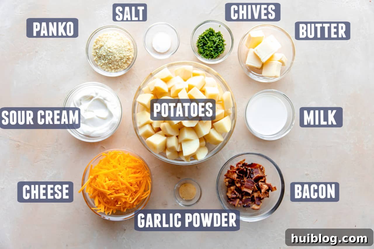Ingredients needed for mashed potato casserole laid on the counter.