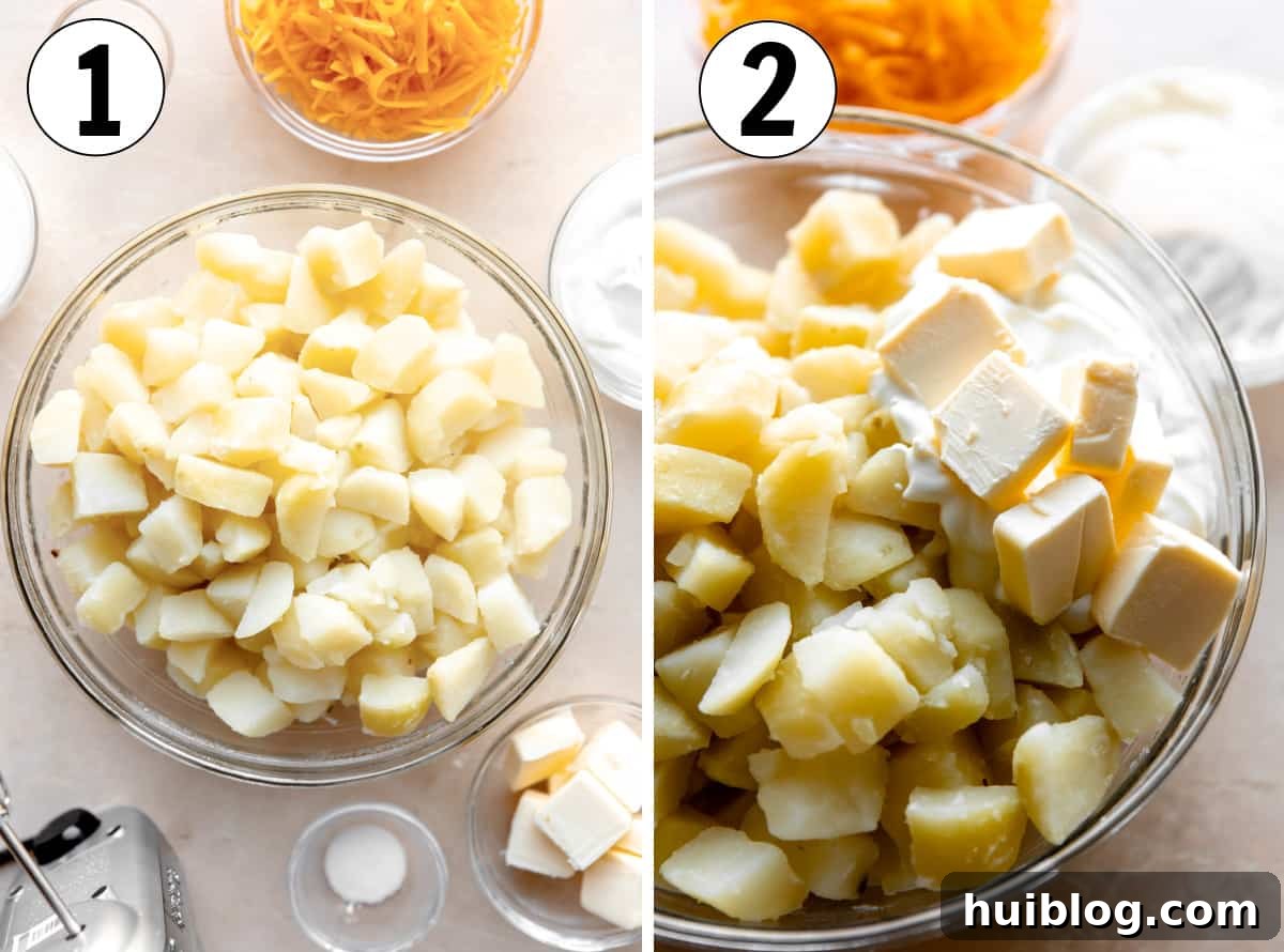 How to make mashed potato casserole, boiled potatoes in a bowl, butter and sour cream added.
