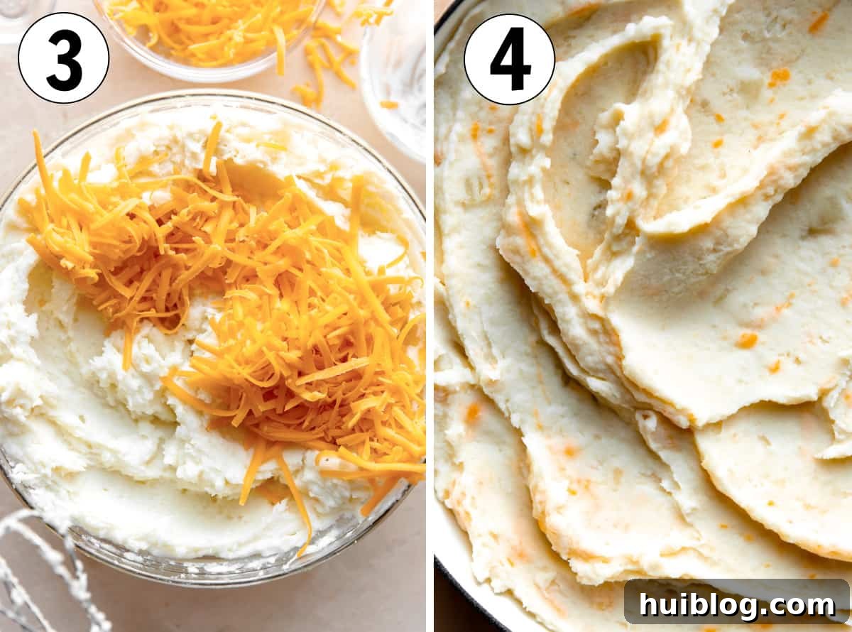 Cheese being added to mashed potatoes then mixed and showing a smooth, creamy texture. 