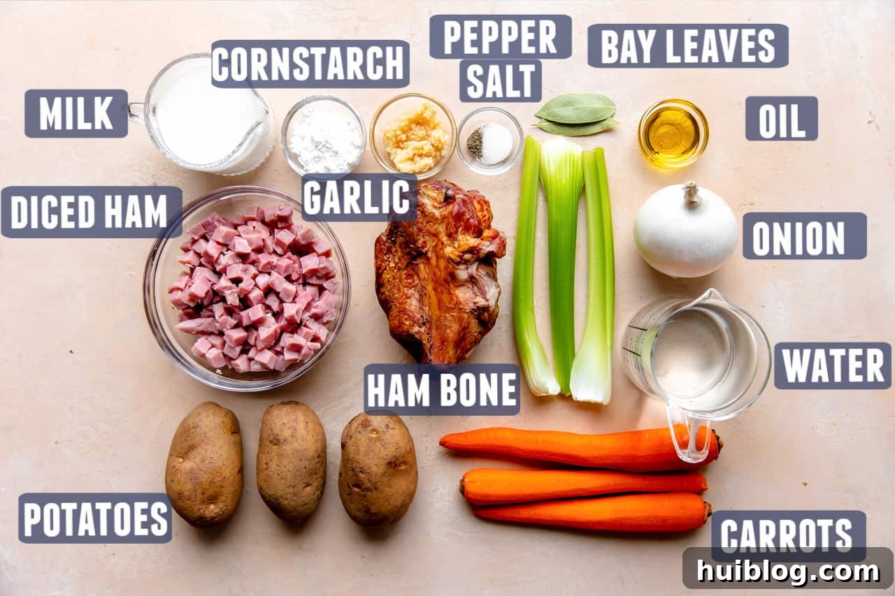 A curated selection of fresh ingredients including a ham bone, diced ham, potatoes, carrots, celery, onion, garlic, and milk, all laid out on a kitchen counter, ready for making ham bone soup.