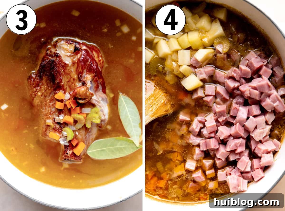 The cooking process showing water added for broth, followed by diced ham and potatoes introduced to the simmering liquid, progressing towards a complete soup.