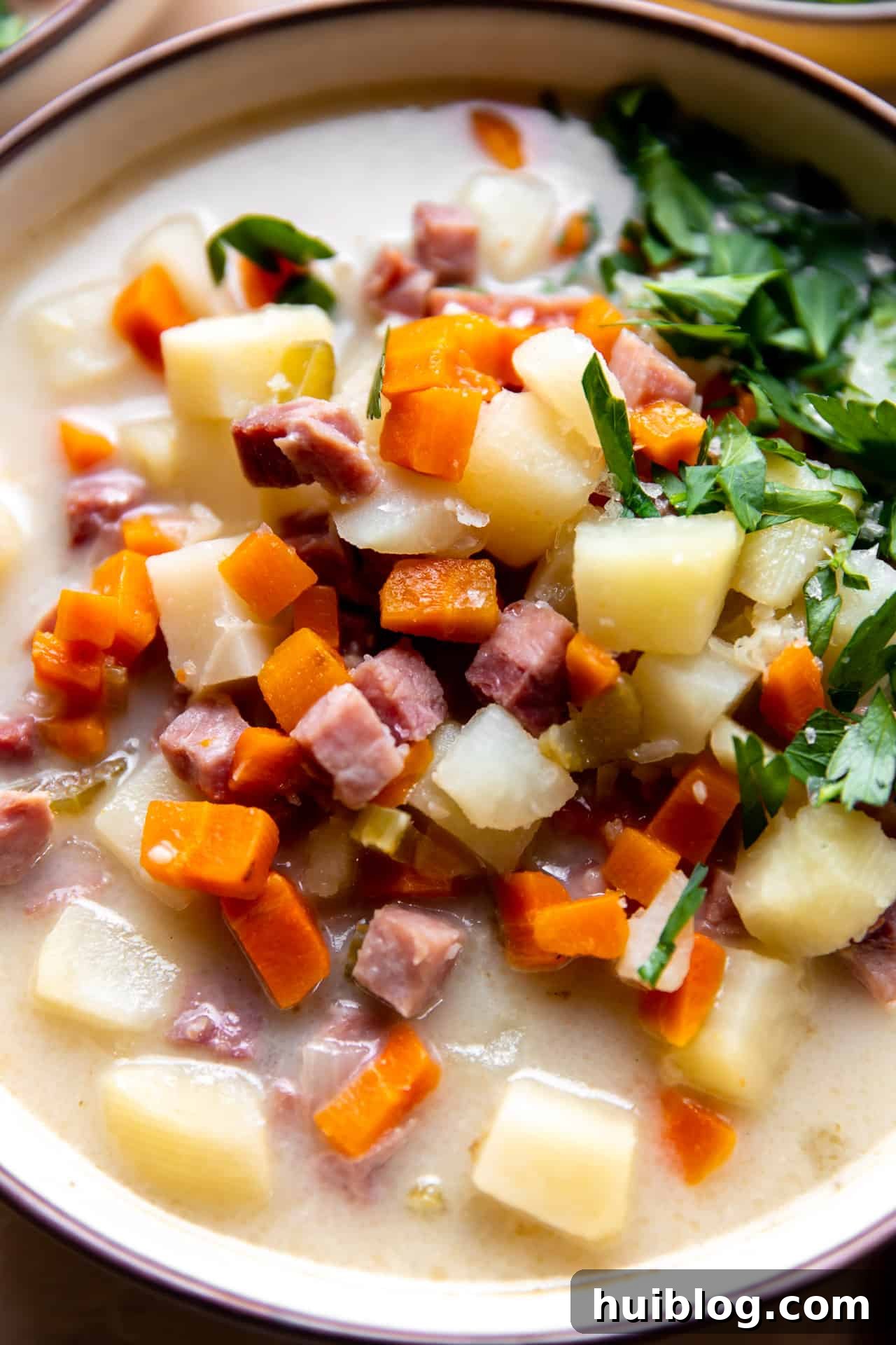 A close-up view of creamy ham bone soup, showcasing its rich texture, chunks of ham, potatoes, and vegetables, beautifully topped with chopped fresh parsley.