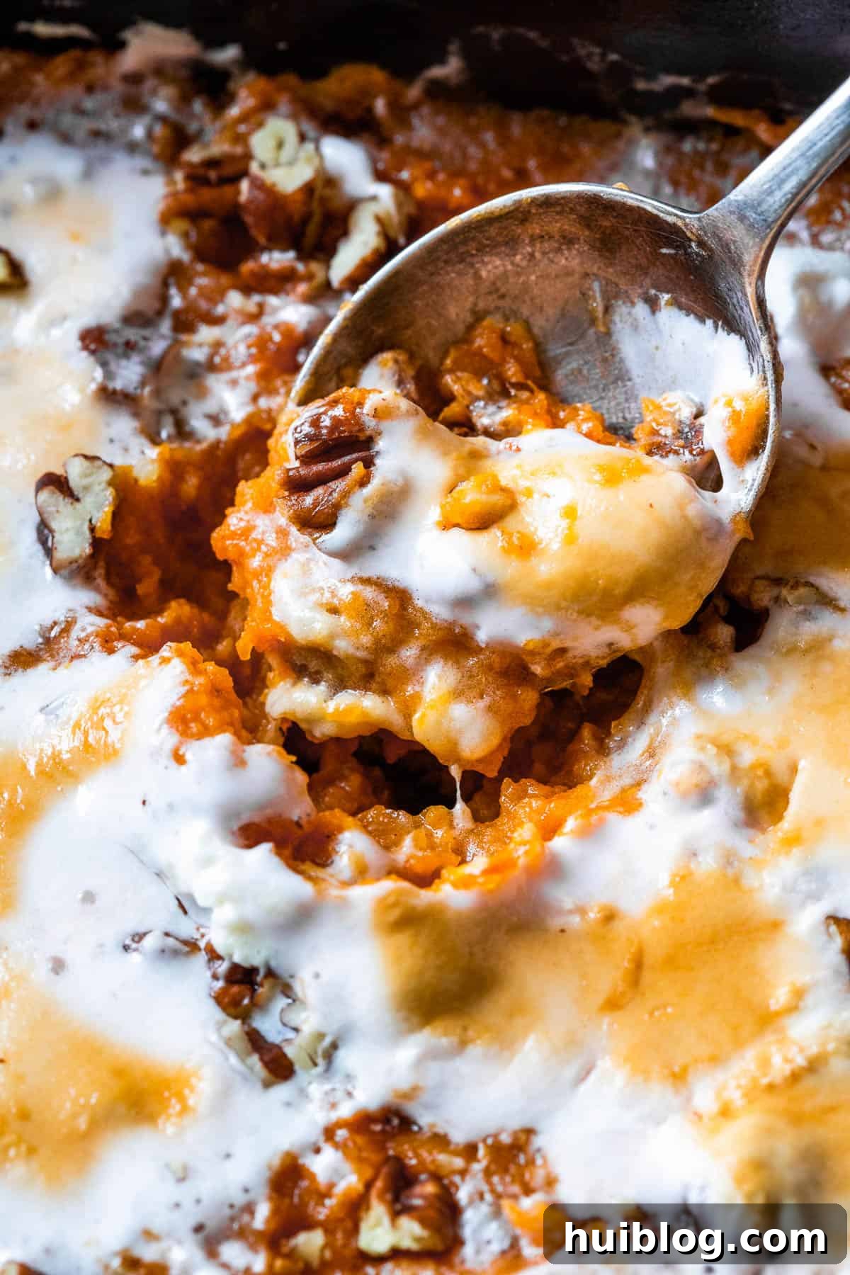 A close up shot of sweet potato casserole, showing the texture of the casserole mixture and melted marshmallow topping.