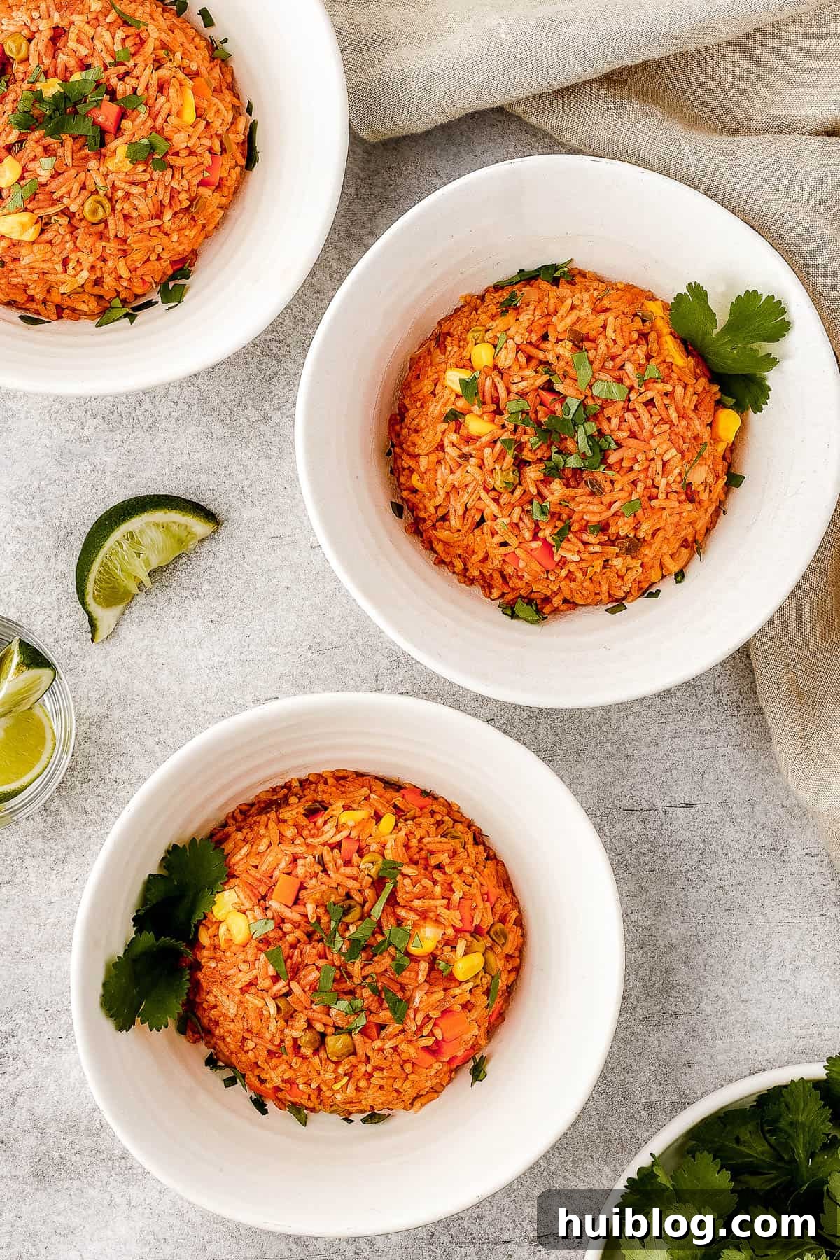 A serving of vibrant Instant Pot Mexican Rice in a white bowl, elegantly garnished with fresh cilantro.