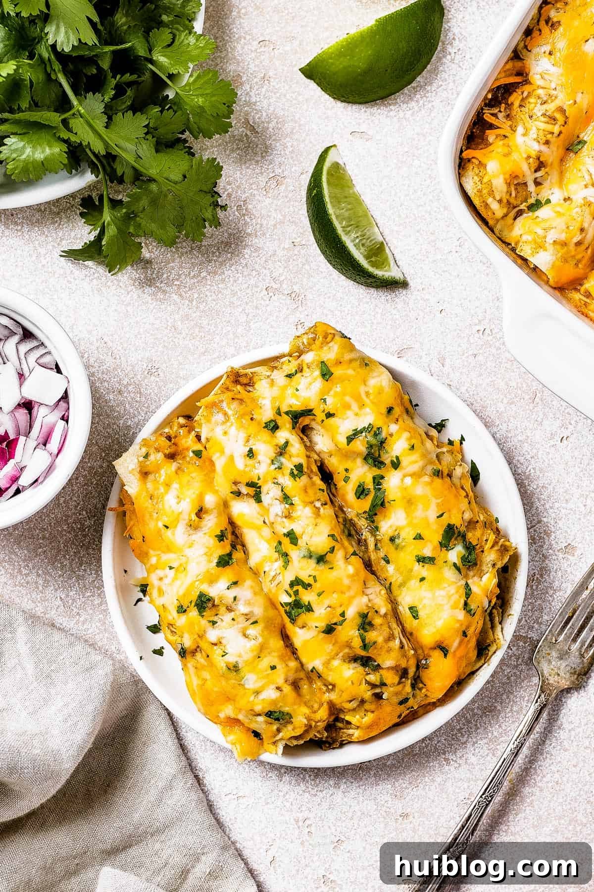 A single serving of salsa verde chicken enchiladas on a small white plate, garnished with fresh cilantro, positioned next to small dishes of chopped red onion and more fresh cilantro.