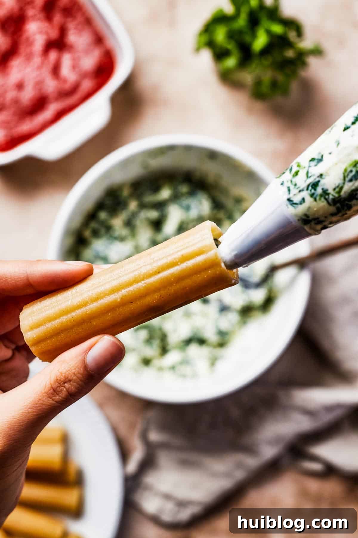 A close-up view of creamy cheese and spinach filling being expertly piped into a pre-cooked manicotti pasta shell, ready for baking.