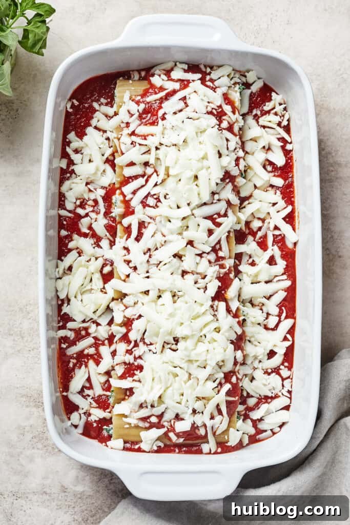 A pasta casserole, fresh from the oven, with a glistening layer of melted cheese and sauce, sprinkled with fresh green herbs.