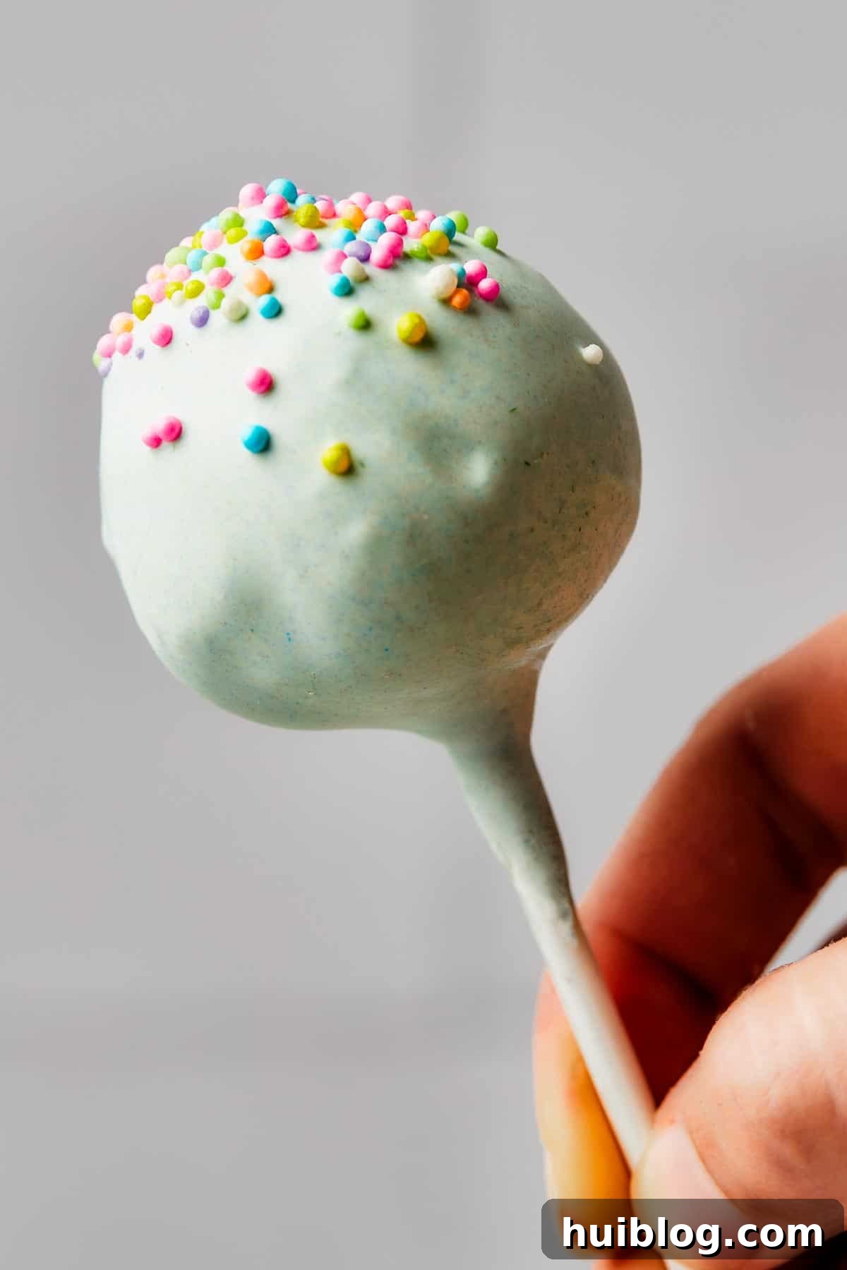 A single, vibrantly pastel-colored cake pop adorned with delicate, colorful sprinkles.