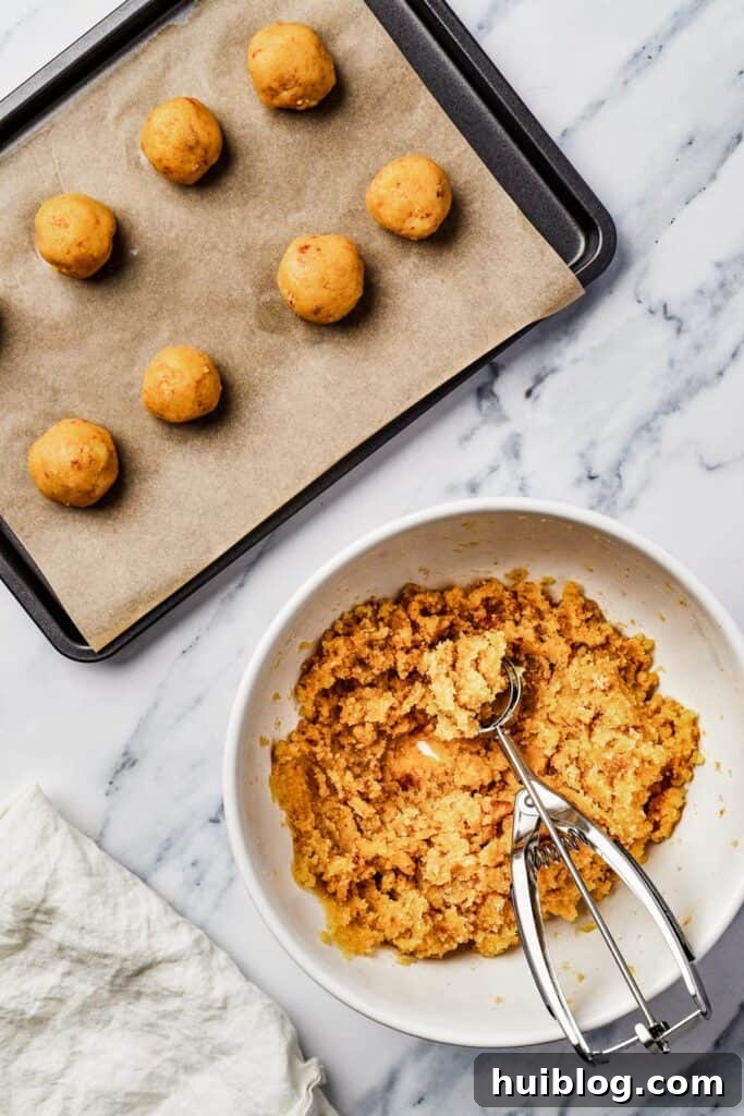 A parchment-lined baking sheet filled with perfectly rolled balls of cake dough, ready for chilling, with a mixing bowl and cookie scoop nearby.