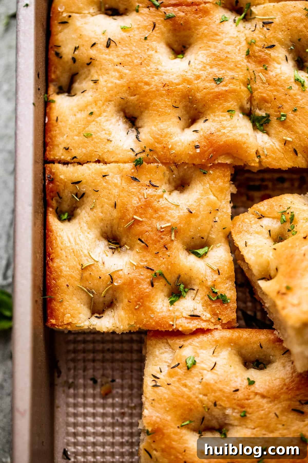 Aromatic Garlic and Herb Focaccia 3 A large pan-sized loaf of focaccia, with one corner neatly cut away, revealing the delicate texture inside.