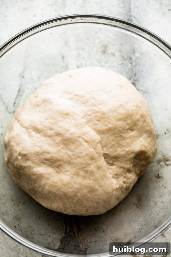 Aromatic Garlic and Herb Focaccia 5 A glass bowl containing a perfectly risen ball of focaccia bread dough, smooth and elastic.