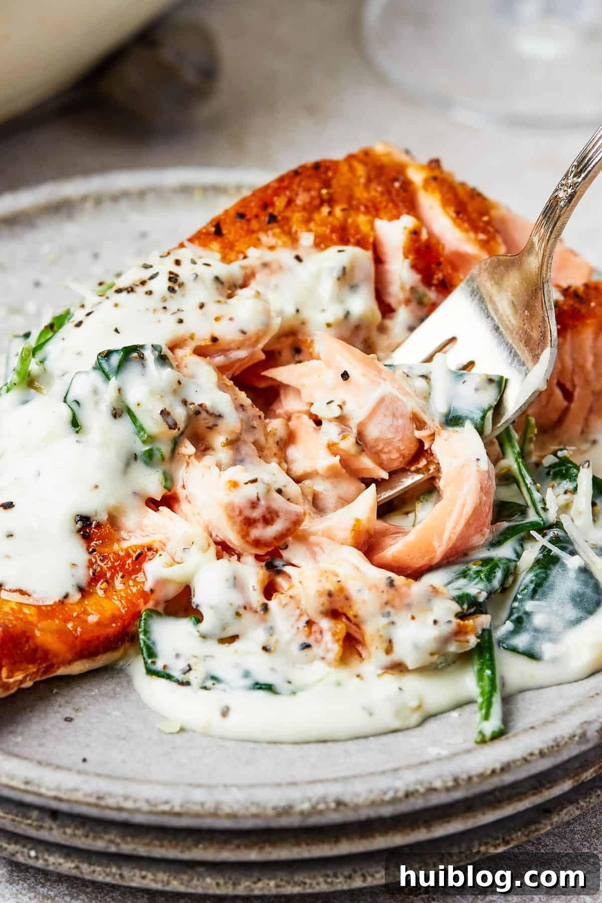 Pan-Seared Salmon with Creamy Spinach 2 A serving of salmon florentine. A bite of the salmon is being lifted toward the camera on a fork.