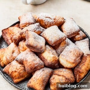 French Quarter Cloud Cakes 12 A plate of fried beignets, dusted with powdered sugar.