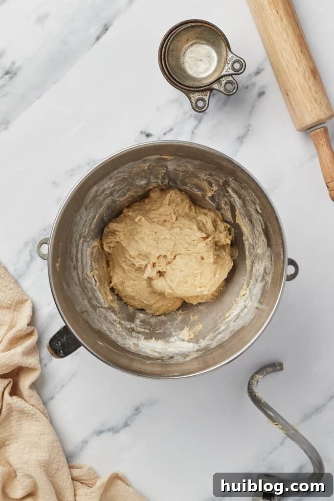 French Quarter Cloud Cakes 5 A soft, supple yeast dough rests in the bowl of a stand mixer, ready for its first rise.