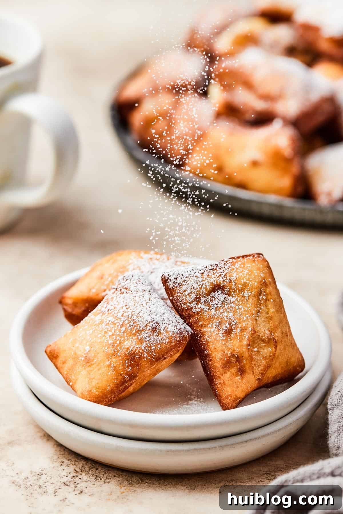 French Quarter Cloud Cakes 10 A close-up shot of hands gently sprinkling fresh powdered sugar over three warm beignets, artfully arranged on white plates.
