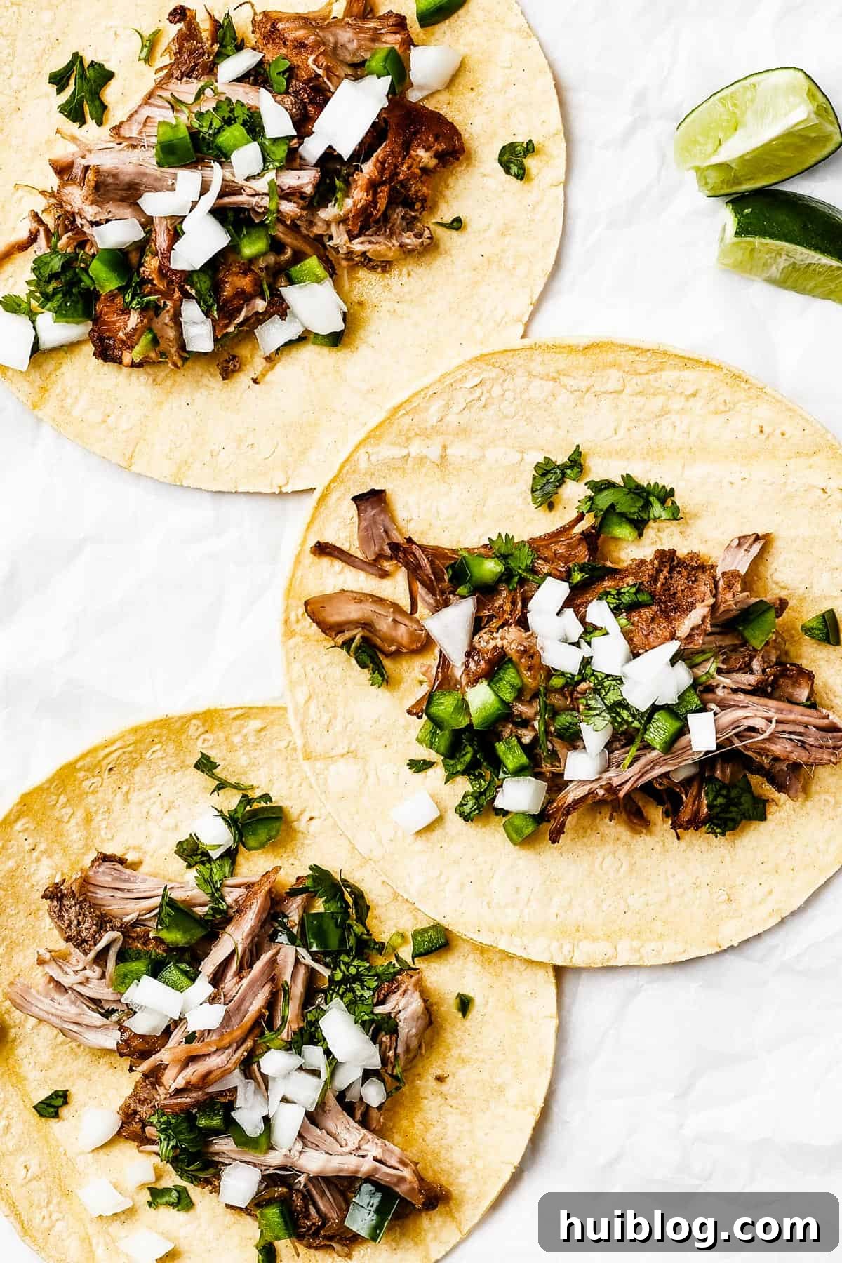 Three delicious corn tortillas, each filled with shredded pork carnitas and fresh toppings.