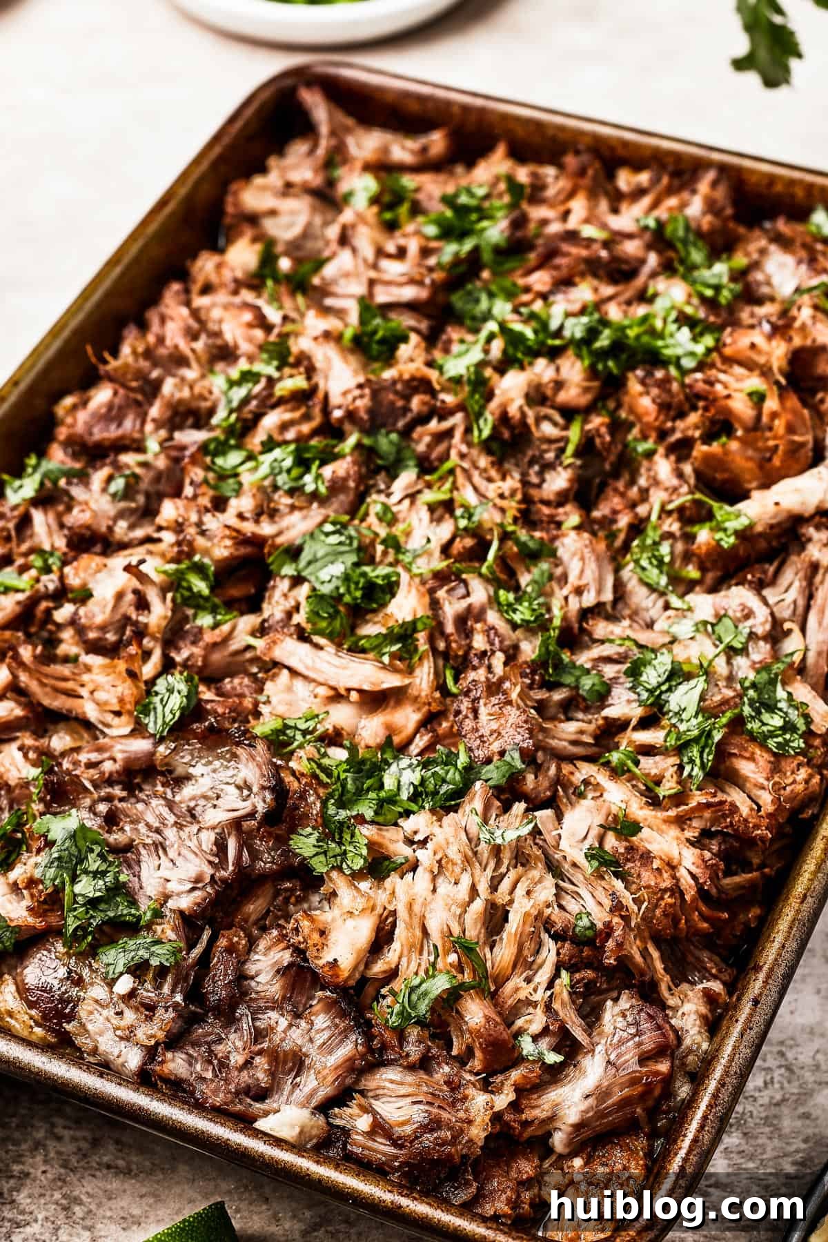 A serving of crispy slow cooker pork carnitas, generously garnished with fresh cilantro.