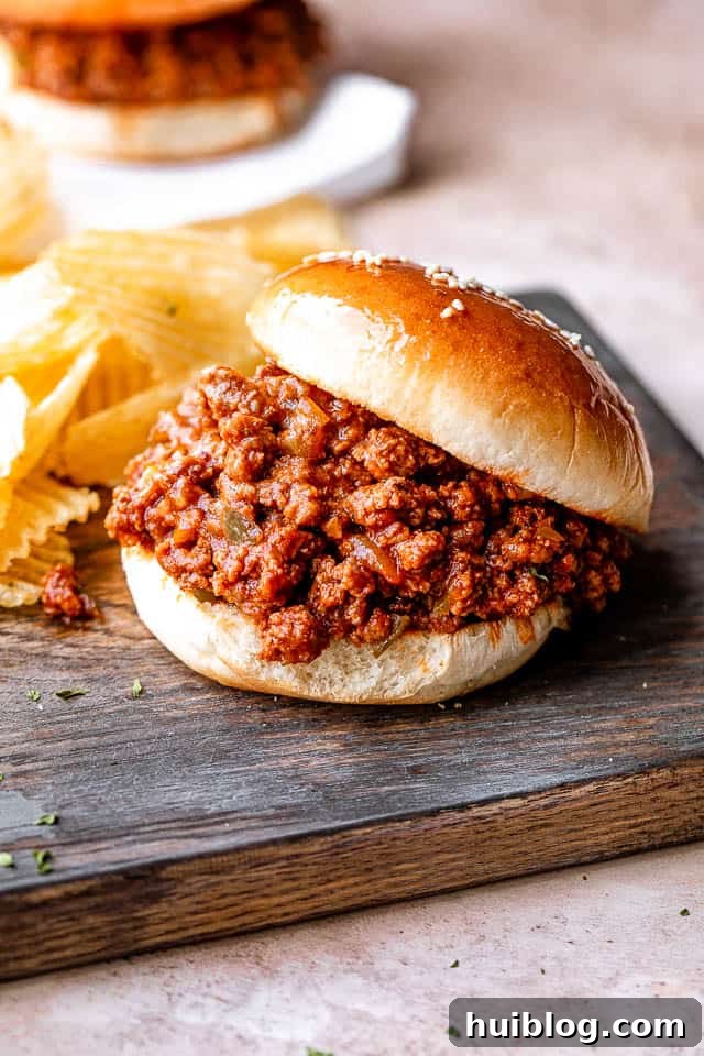 Sloppy joe on a bun with potato chips on the side.
