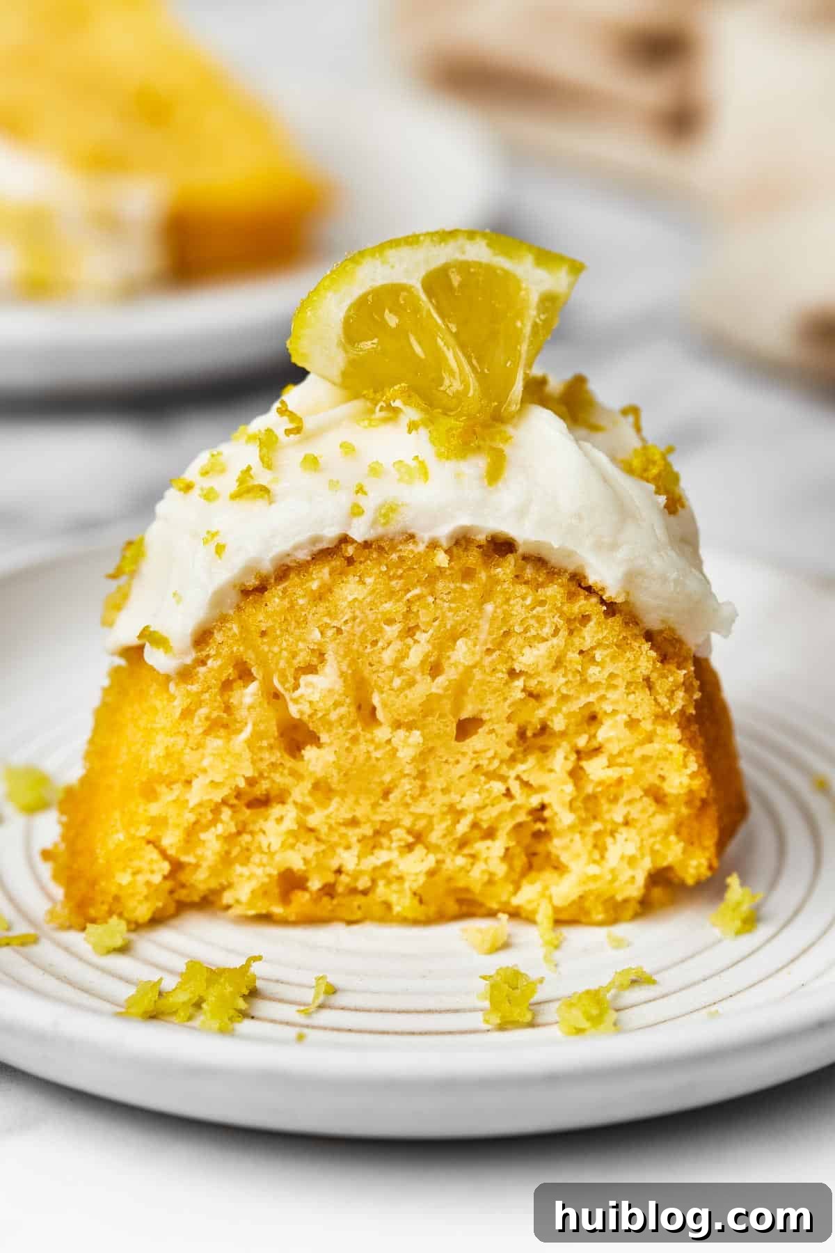 A delectable slice of frosted lemon Bundt cake, elegantly garnished with bright lemon zest and a small, fresh lemon wedge, presented on a white plate.