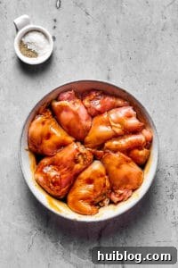 Creamy Peanut Butter Chicken 2 Boneless, skinless chicken thighs marinating in a savory soy sauce mixture, preparing for cooking.