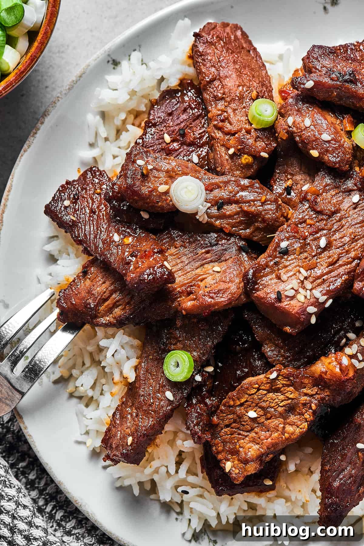 Korean BBQ steak slices on a plate of rice.