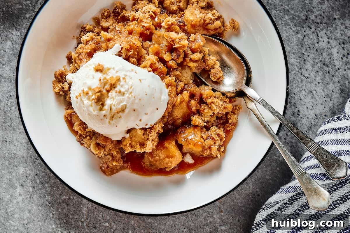 A serving of homemade apple crisp, topped with ice cream.