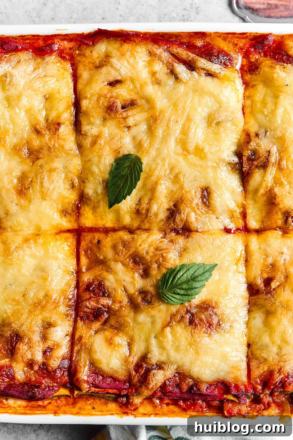 Close-up shot of a pan of baked lasagna, cut into large squares.