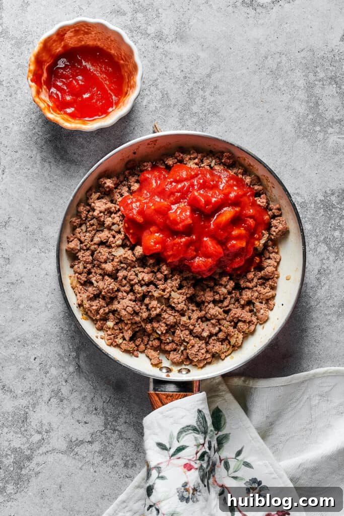 Meat sauce ingredients in a skillet.