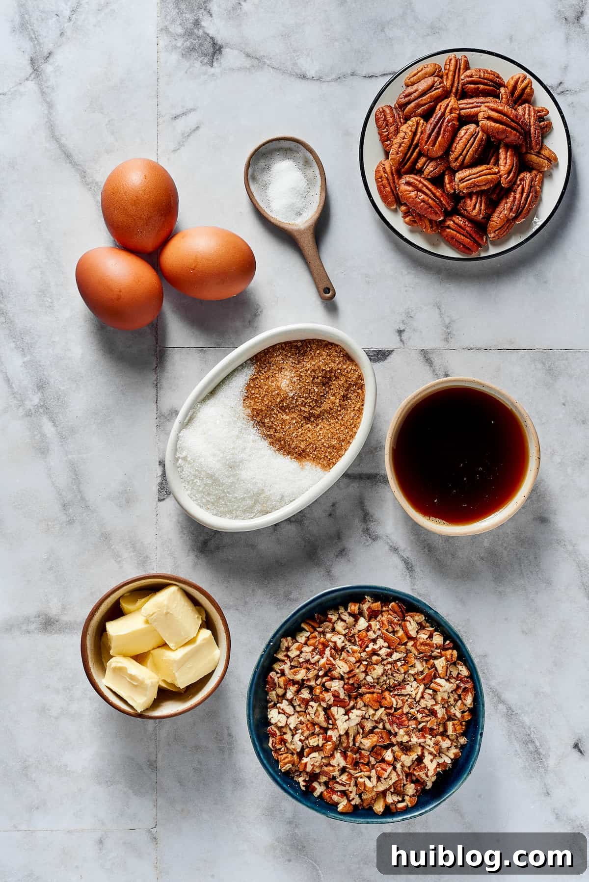 From top left: Eggs, salt, pecans, white and brown sugar, maple syrup, butter, chopped pecans.