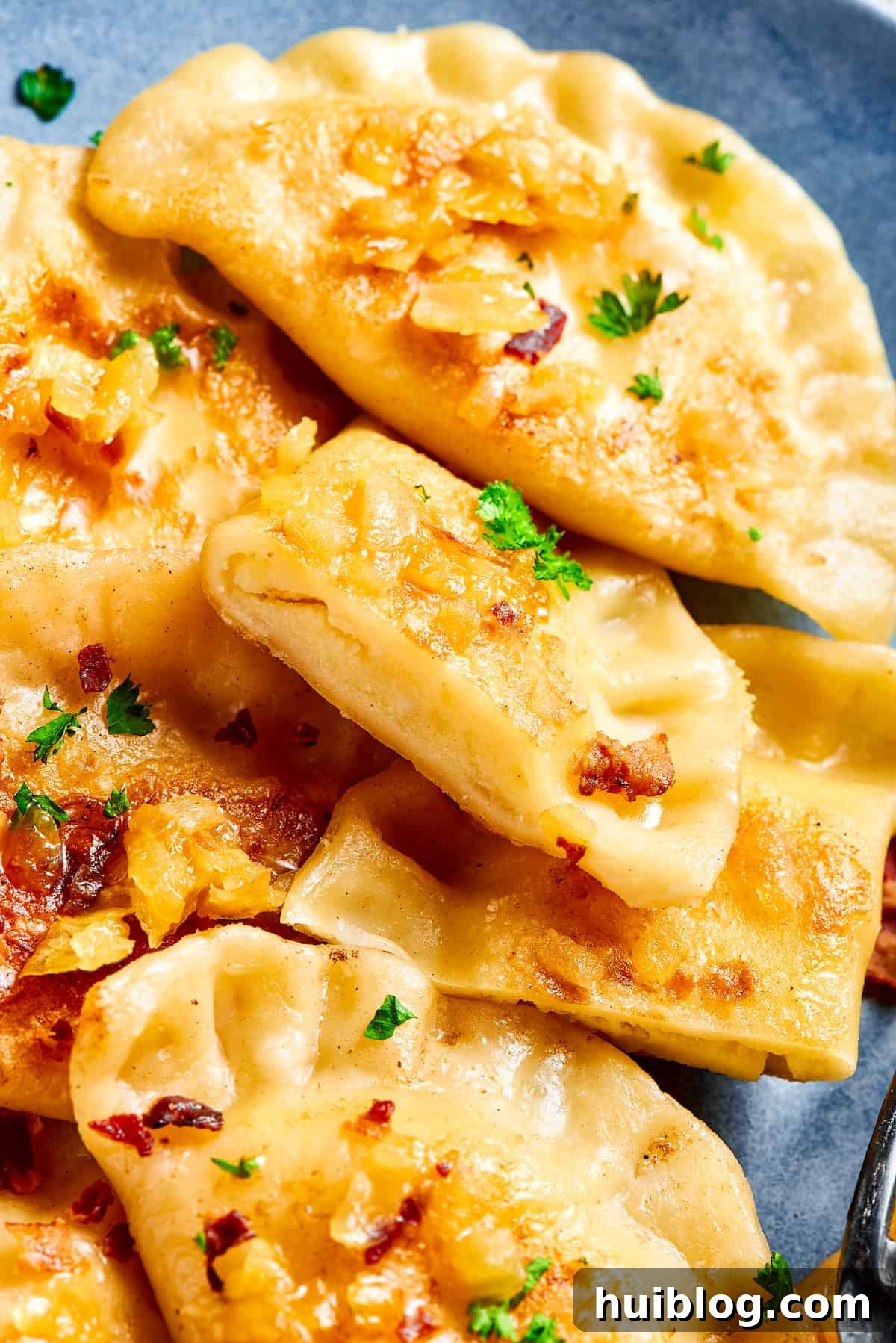 Topped with caramelized onion and crispy bacon, this easy Homemade Pierogi Recipe features a traditional cheese and potato filling. Yum! Traditional potato dumplings on a plate, with onions and bacon.
