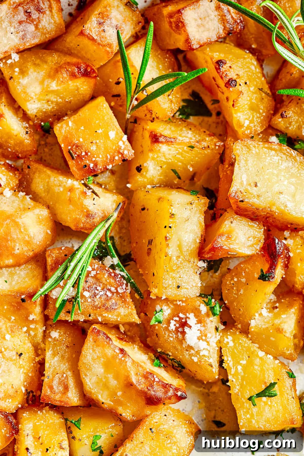 Close-up shot of perfectly oven roasted potatoes garnished with fresh rosemary leaves and grated Parmesan cheese.