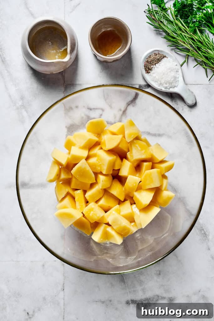 Raw, cut-up potatoes in a mixing bowl before seasoning.