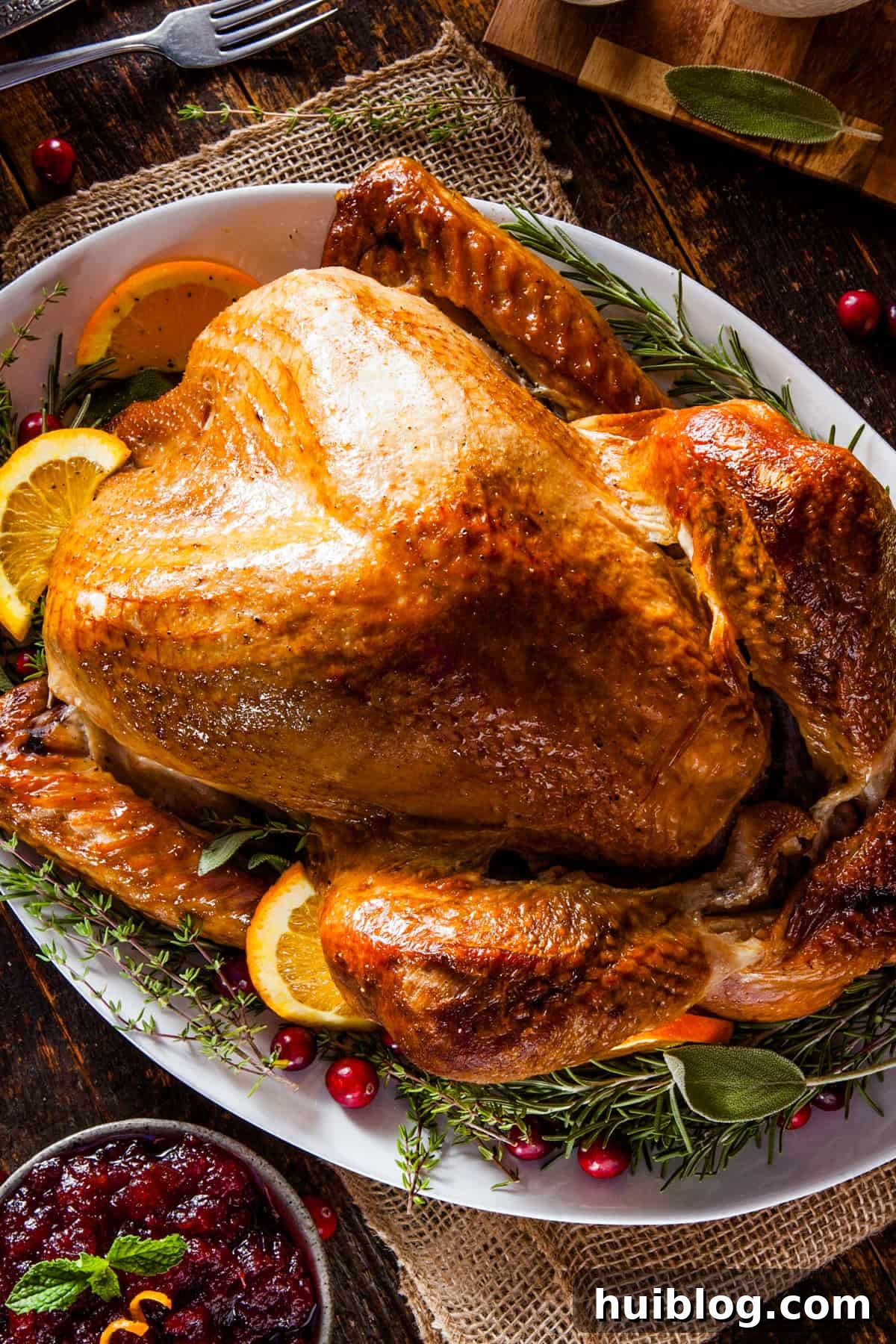 A roasted Thanksgiving turkey garnished with citrus slices and green herbs.